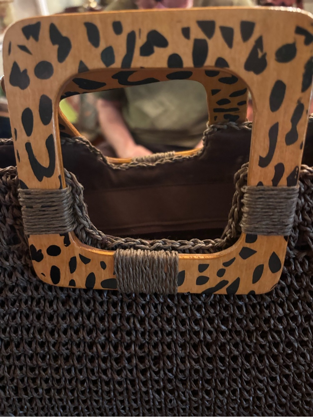 Woven Dark Brown Tote with Leopard-Print Wooden Handles - Picture 3 of 4